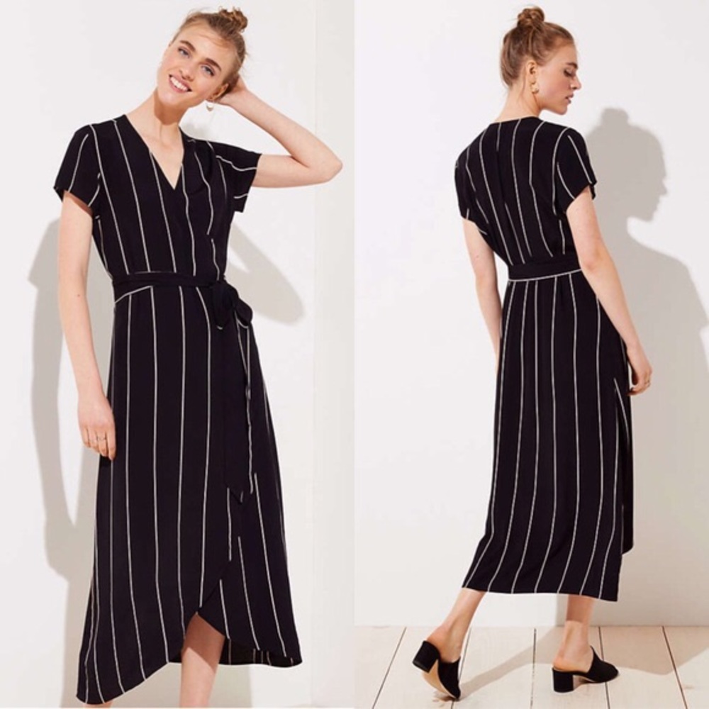 Loft Black & Light Pink Striped Wrap Dress- NWT